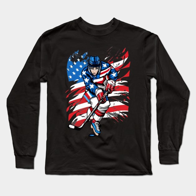 Hockey American Flag  design Hockey Long Sleeve T-Shirt by click2print